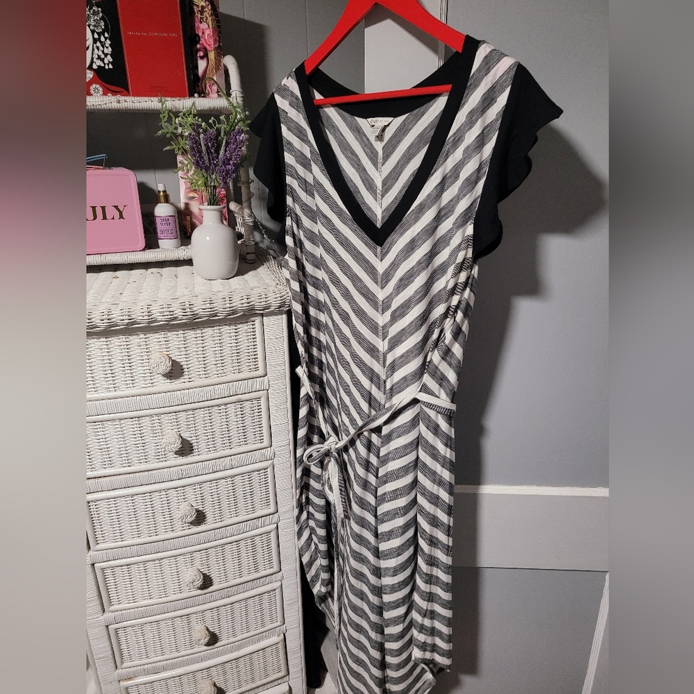 Cato Black and White Asymmetrical Sundress with Flutter Sleeves